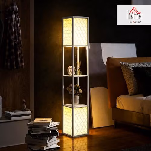 HOMCOM Modern 2-Light Floor Lamp with Shelves in White – 2