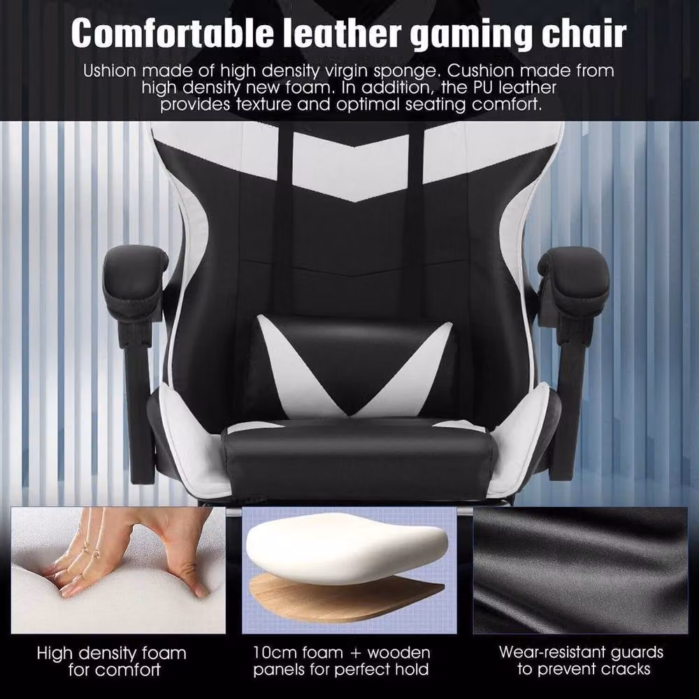 NESTLUNE Black Faux Leather Racing Gaming Chair with Swivel and Armrests – 3