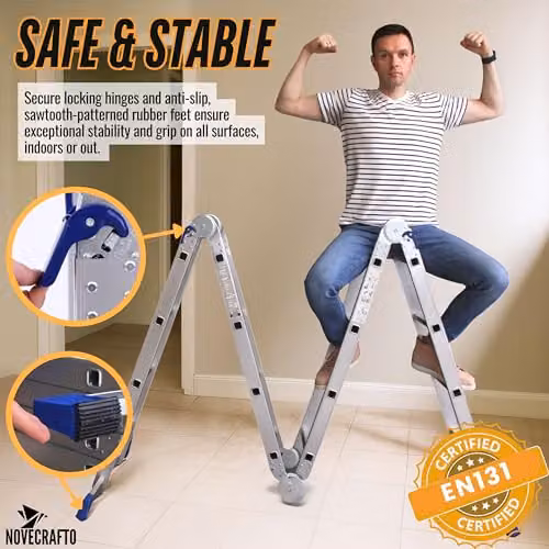 NOVECRAFTO 6 in 1 Multi-Purpose Aluminium Combination Ladder, Silver and White, Max Load 150 kg, 4.7 m Height – 2