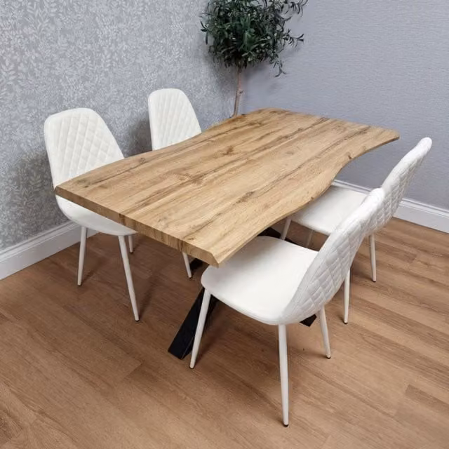 Kosy Koala Modern Dining Set with Rectangular Brown Wood Table and 4 Black Gem Pattern Faux Leather Chairs