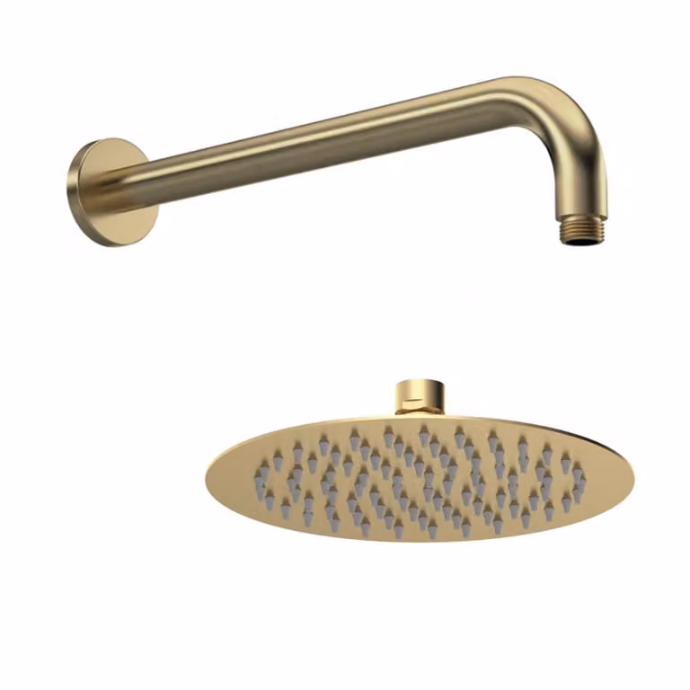 Windon 200mm Round Brushed Brass Fixed Overhead Shower Head with Wall Mounted Shower Arm and Anti-Limescale Feature