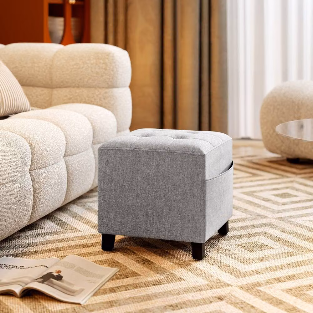 STILVORA Grey Fabric Footstool with Storage Pocket and Rubberwood Frame – 2