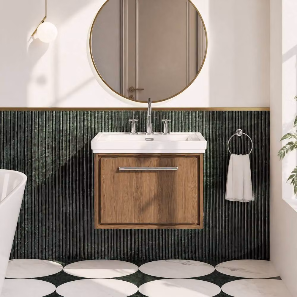 Balterley Longnor Wall Hung Single Drawer Bathroom Vanity Unit with Rectangular Basin in Antique Oak Brown, W/D/H: 63 x 47.1 x 49.7 cm – 2