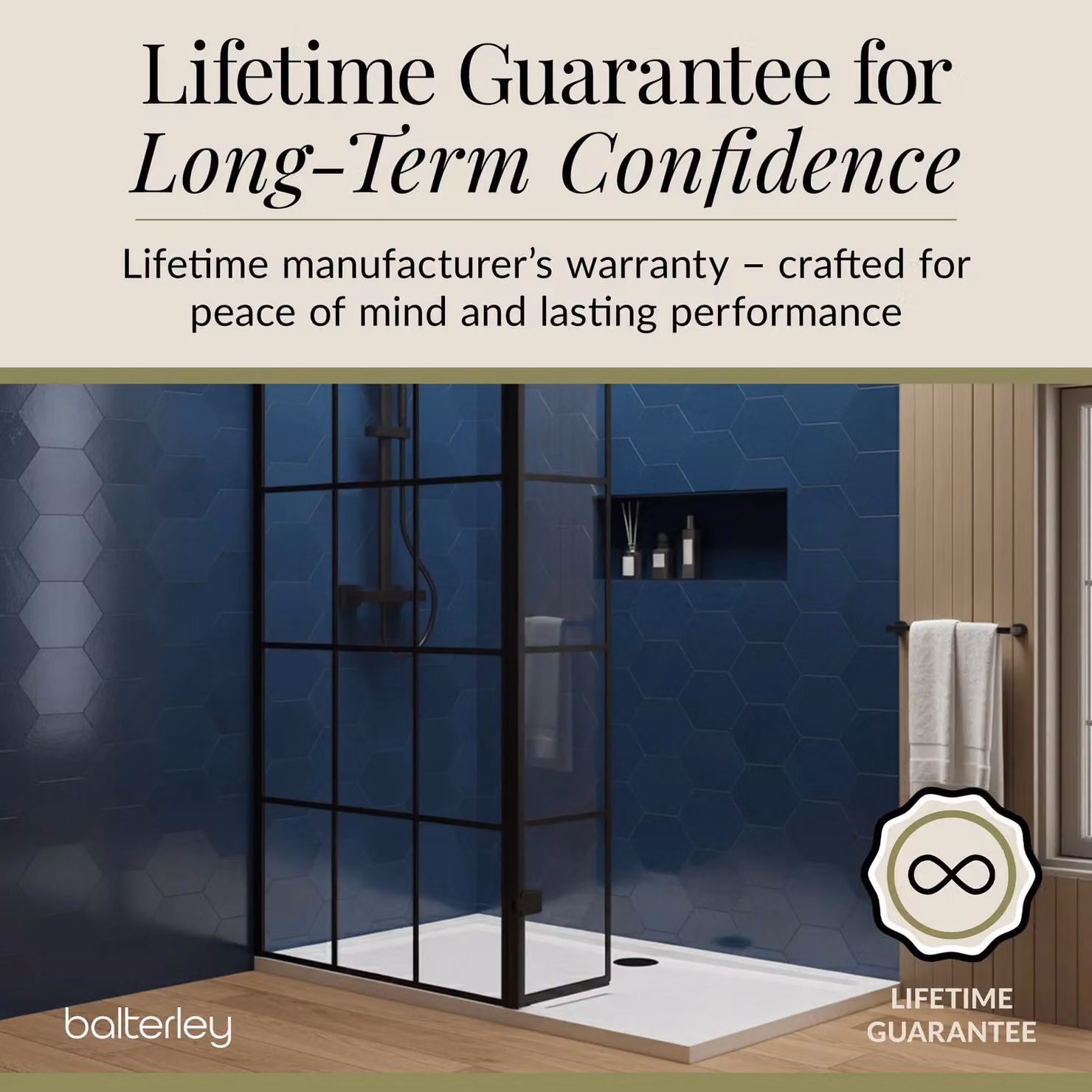 Balterley 8mm Glass Walk-In Wetroom Screen and Return with Tray, Black Framed, W: 140 cm, D: 70 cm – 5