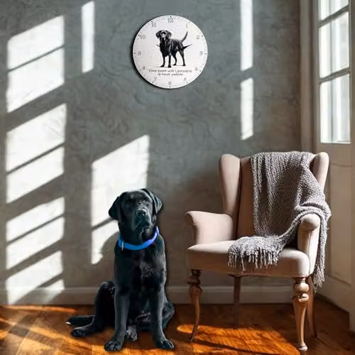 Animal Crackers Love Dogs Black Labrador Wall Clock with Time Spent With Labradors Is Never Wasted Slogan, Diameter: 33 cm – 2