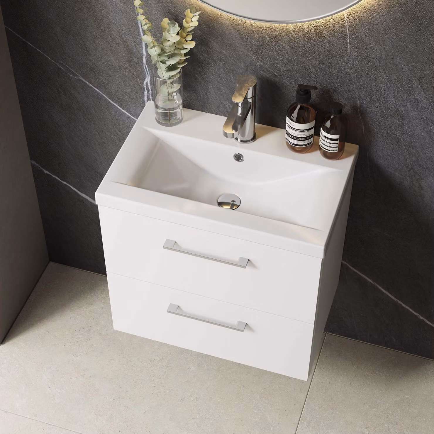 Balterley Modern Wall Hung Bathroom Vanity Unit with 2 Soft Close Drawers, Satin Green and White, Width: 61 cm