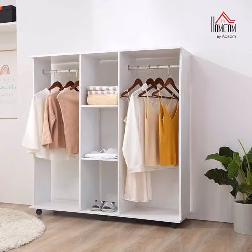 HOMCOM Double Mobile Open Wardrobe with Clothes Hanging Rails and Storage Shelves, White, W/D/H: 120 x 40 x 128 cm – 2