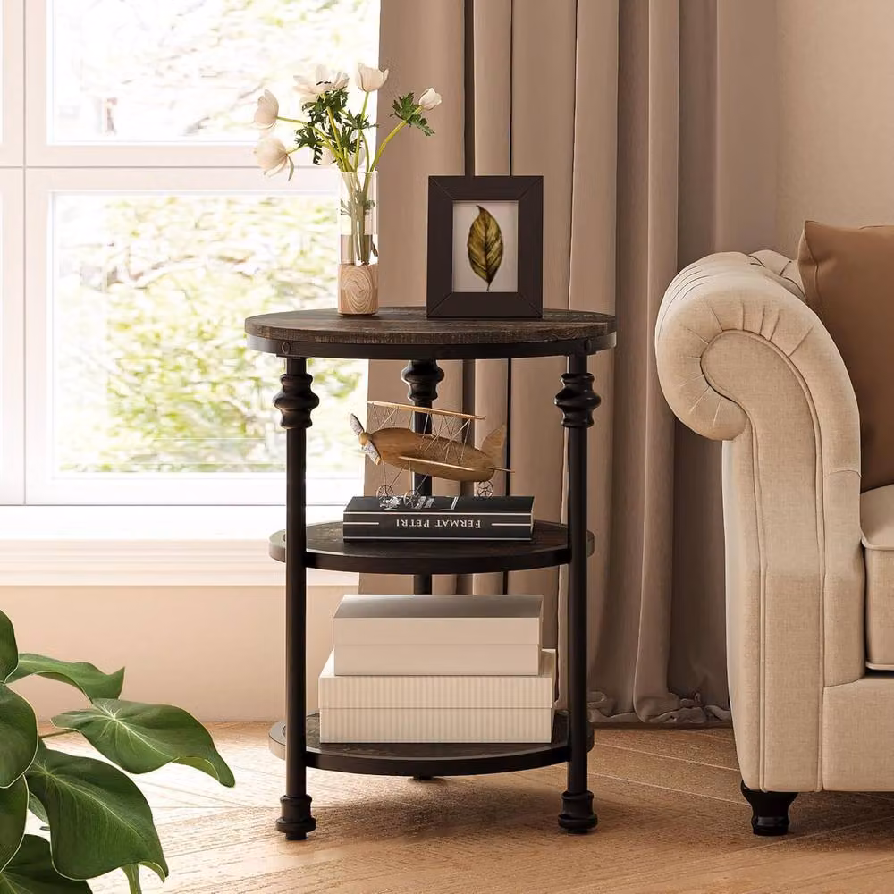 London Boutique 3 Tier Round Industrial Coffee Table and Side Table in Dark Brown – 4