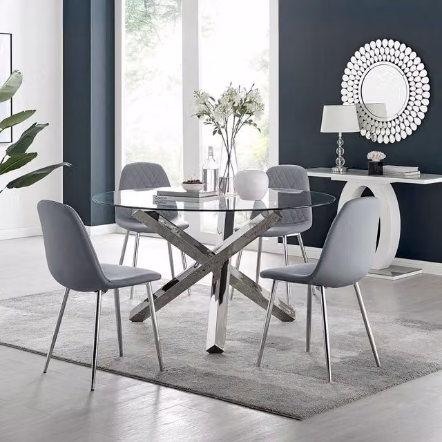 FurnitureboxUK Vogue Round Glass Dining Table and 4 Corona Silver Dining Chairs Set in Grey