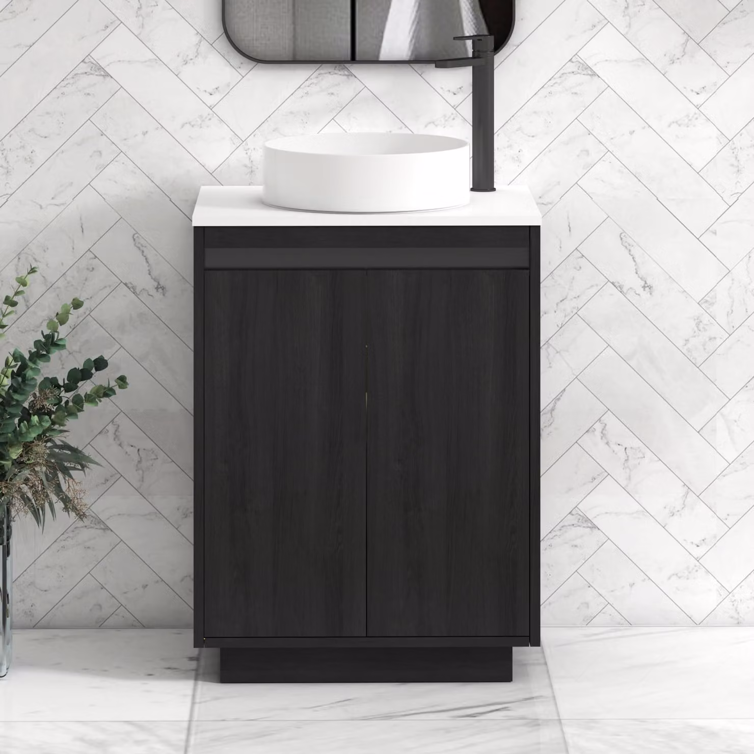 Royal Bathrooms Orion 600mm Hale Floor Standing 2 Door Vanity Unit in White with Black Accent Trim and Art Basin