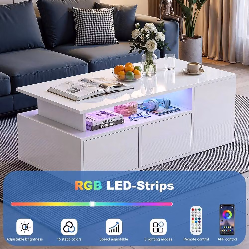 KORVIXA LED High Gloss Coffee Table with 2 Push Latch Drawers in White, W/D/H: 100 x 100 x 50 cm – 3