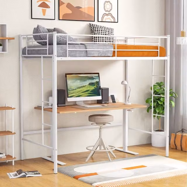 COSTWAY Modern Metal Single Loft Bed Frame for Children, White