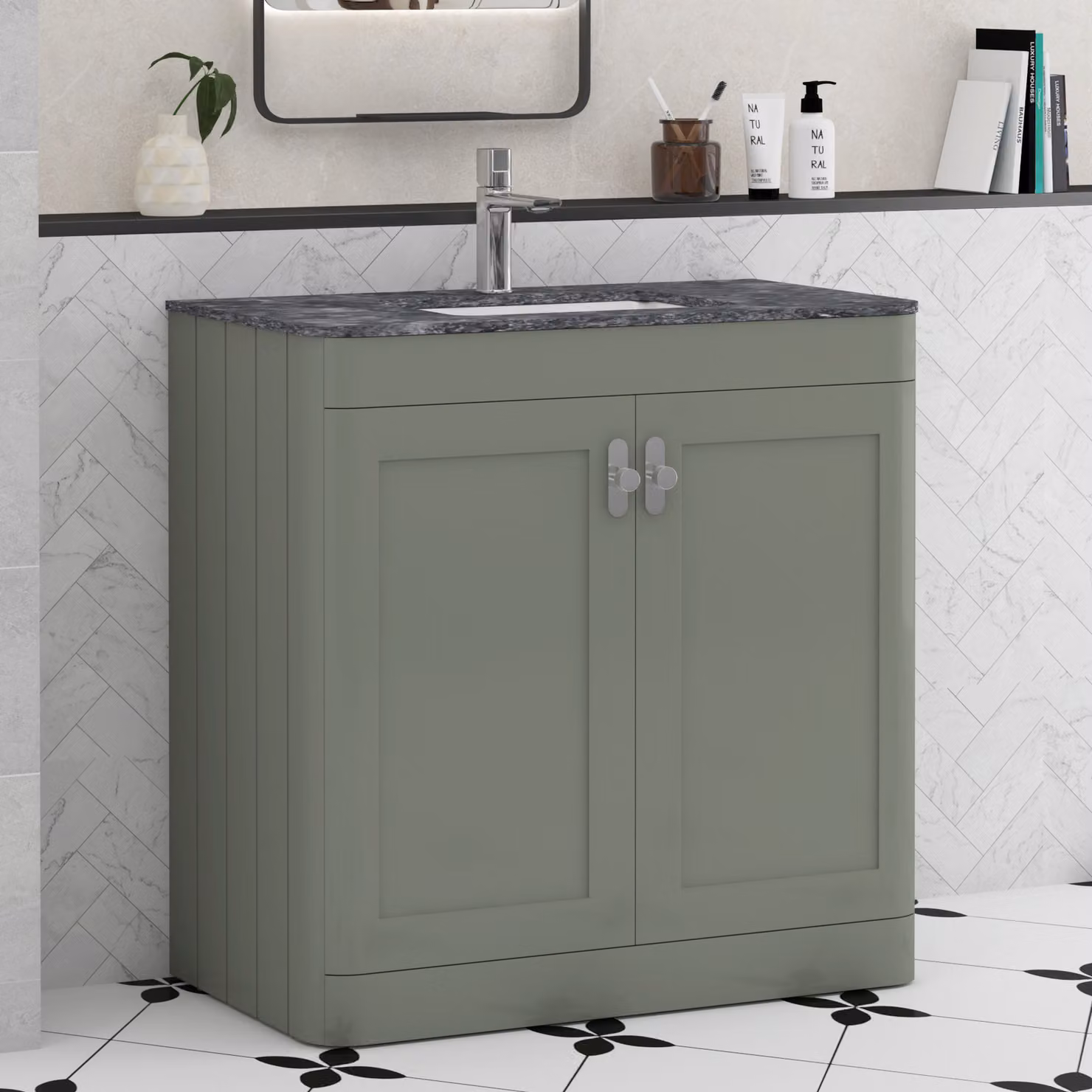 Royal Bathrooms Henley 800mm Sage Green Floor Standing 2 Door Bathroom Vanity Unit with Black Stone Top and Chrome Knob