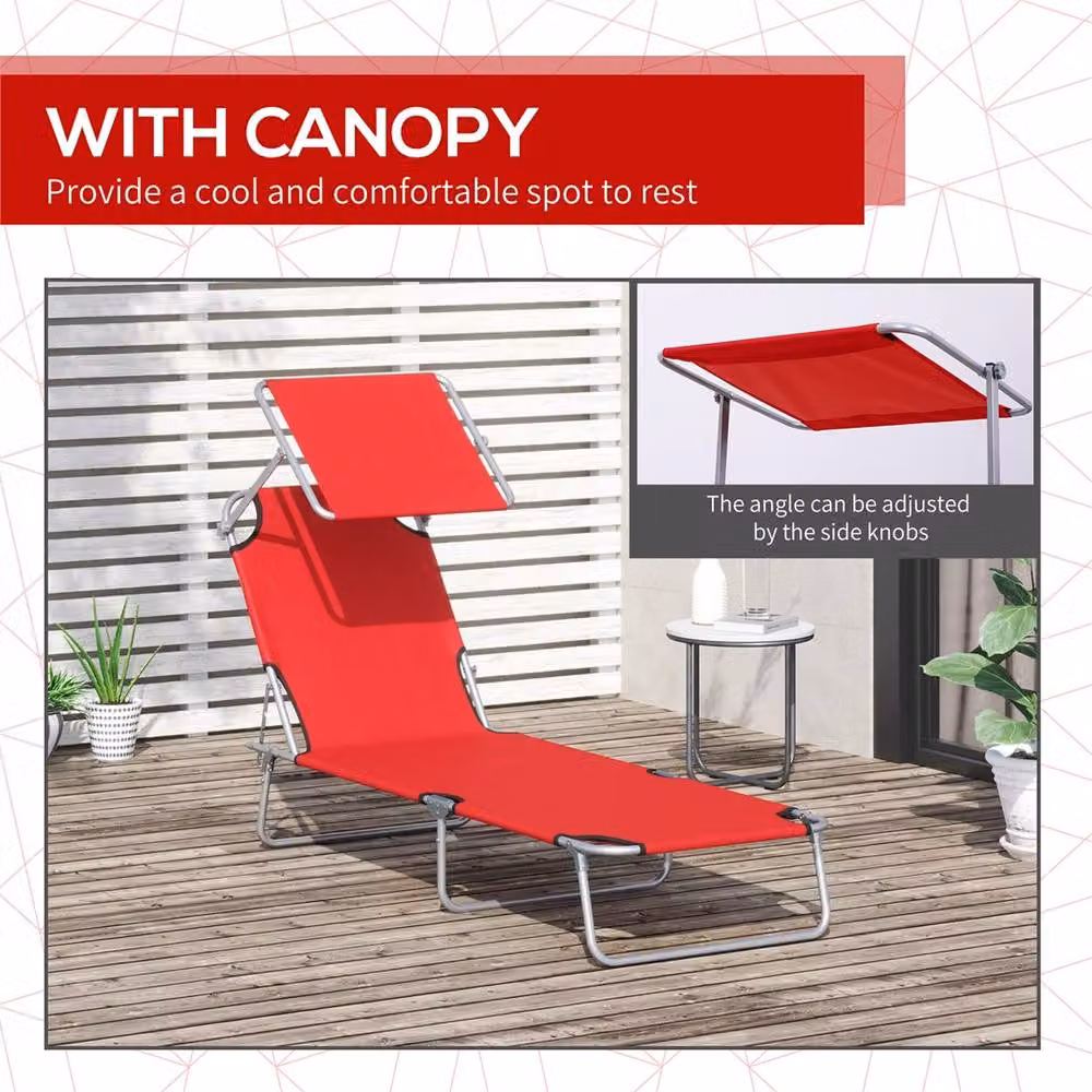 EONLION Red Reclining Folding Sun Lounger Chair with Adjustable Headrest – 3