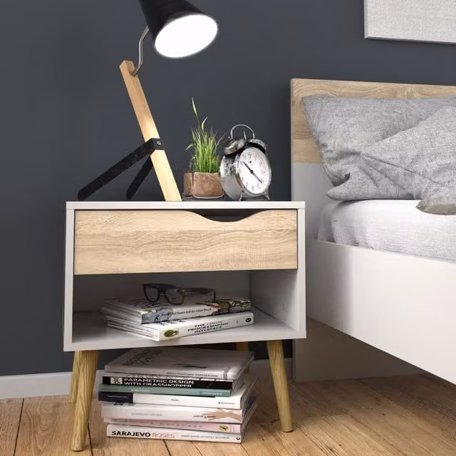 Furniture To Go Oslo 1 Drawer Bedside Table in White and Oak (Pack of 2)