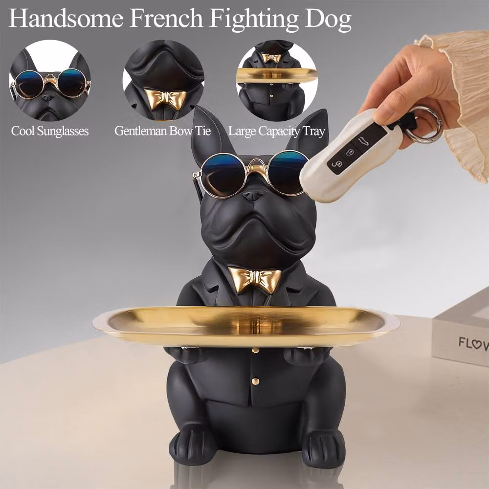 Huhote Black Resin Bulldog Statue with Tray Sitting Sculpture for Tabletop Decor – 3
