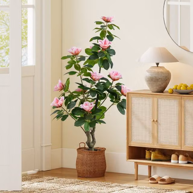 Costway Freestanding Artificial Magnolia Tree in Green and Pink