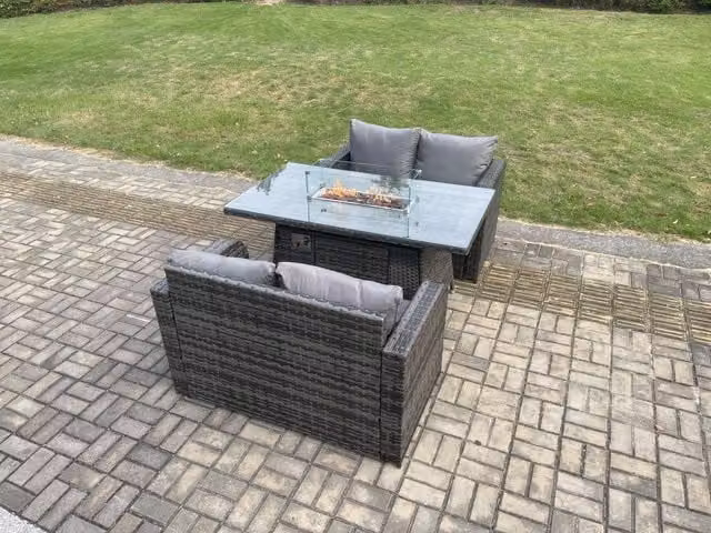 Fimous 3 Piece Rattan Garden Furniture Set with Dark Grey Gas Fire Pit Dining Table