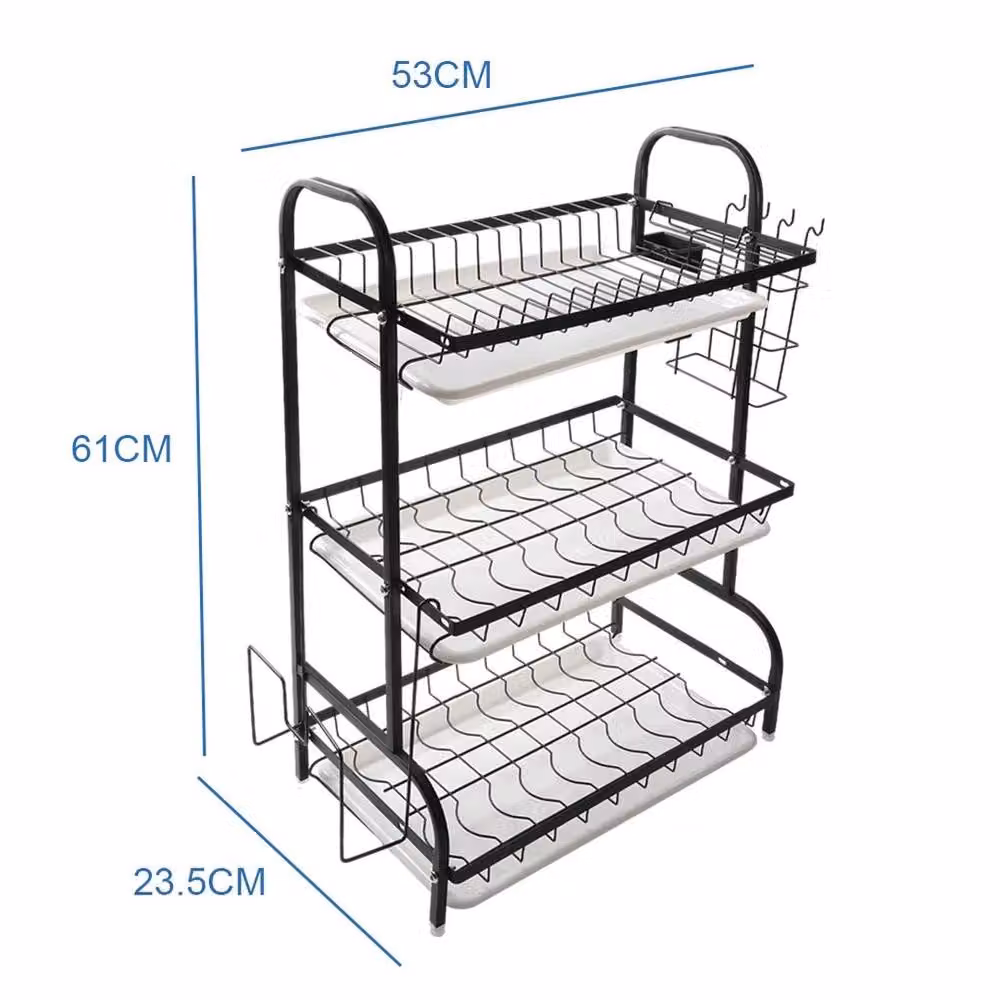Kelvenix 3 Tier Dish Drainer Rack in Black with Cutlery Holder and Drip Tray – 2