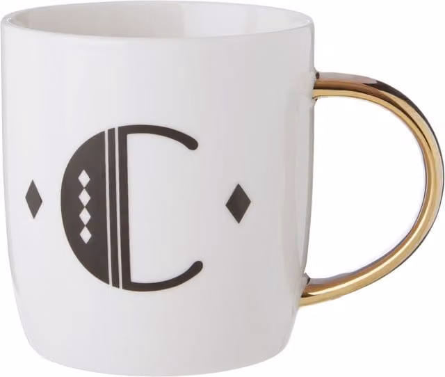Orsina Diamond Deco C Letter Monogram Mug in Black, White and Gold Bone China