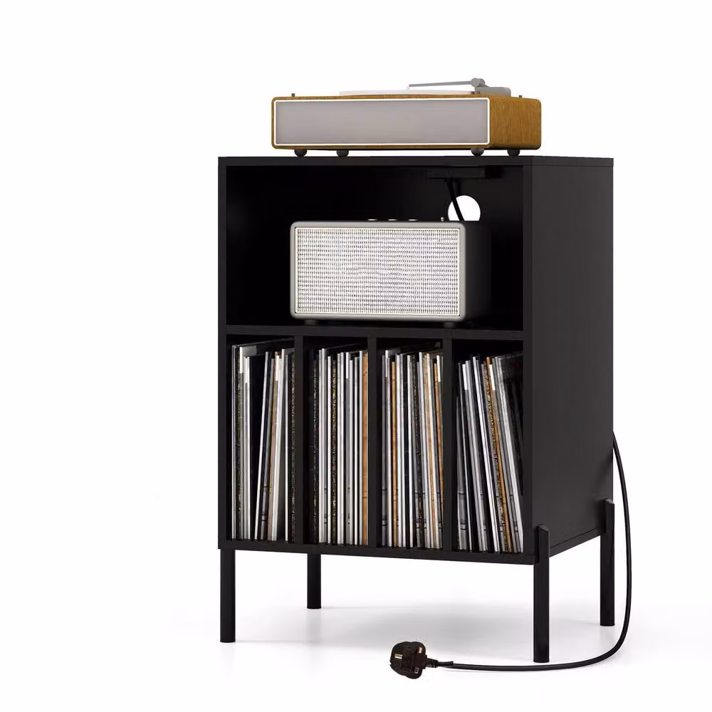 Costway Black Wooden Vinyl Record Player Stand with Integrated Charging Station and Media Compartments – 3