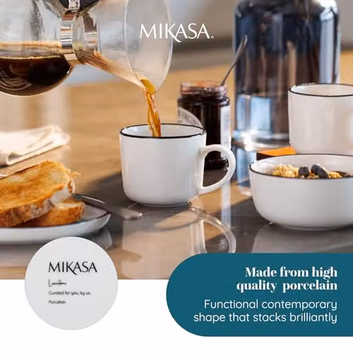 Mikasa Limestone Porcelain Mug Set of 4, 360ml, White with Black Rim – 4