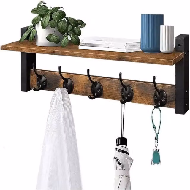 KORVIXA Industrial Wall Mounted Coat Rack Shelf with 5 Hooks, Brown and Black, W: 90.0 cm, D: 42.5 cm, H: 11.5 cm