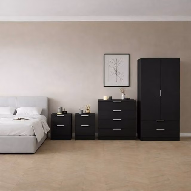 Vida Designs Trega 4 Piece Black Bedroom Set Including Wardrobe, 4 Drawer Chest and 2 Bedside Tables
