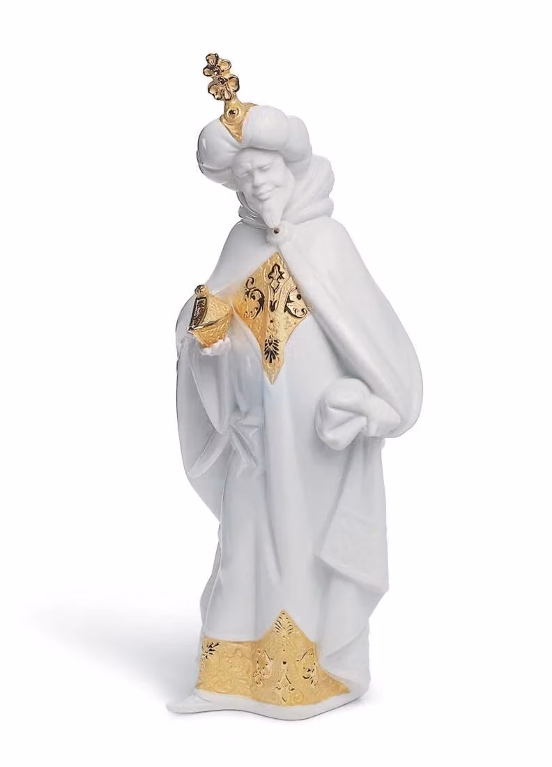 Lladró King Balthasar Nativity Porcelain Figurine in Gold and White