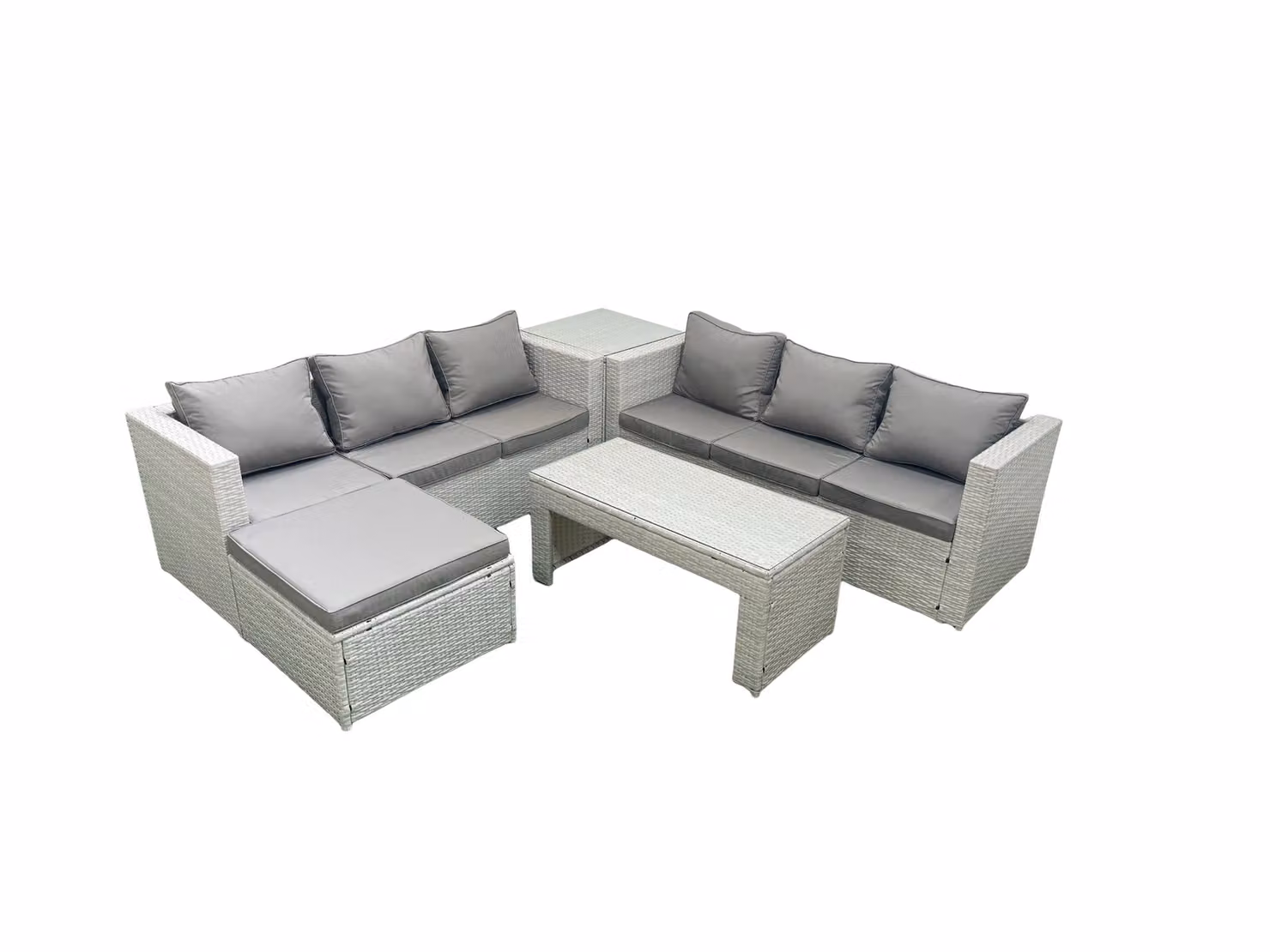 Fimous 7 Seater Rattan Garden Furniture Set in Light Grey with Oblong Coffee Table and Ottoman – 2