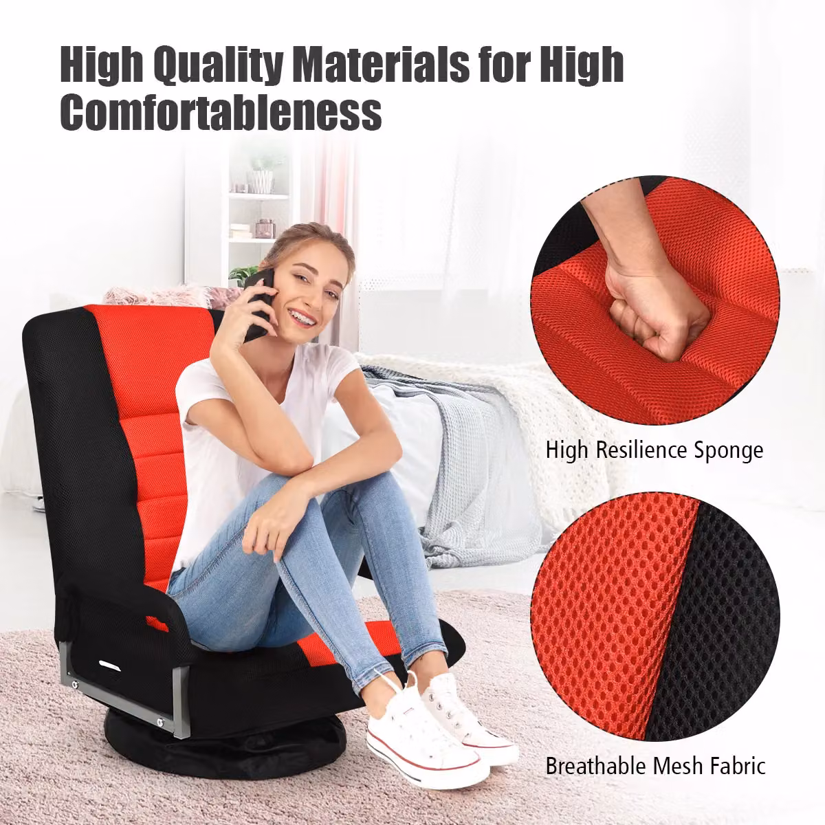 Costway Red Folding Floor Gaming Chair with 6-Position Adjustable Backrest – 11