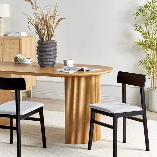 Wyld and Coco Set of 2 Retro Dining Chairs with Black Rubberwood Frame and Light Grey Fabric Seats