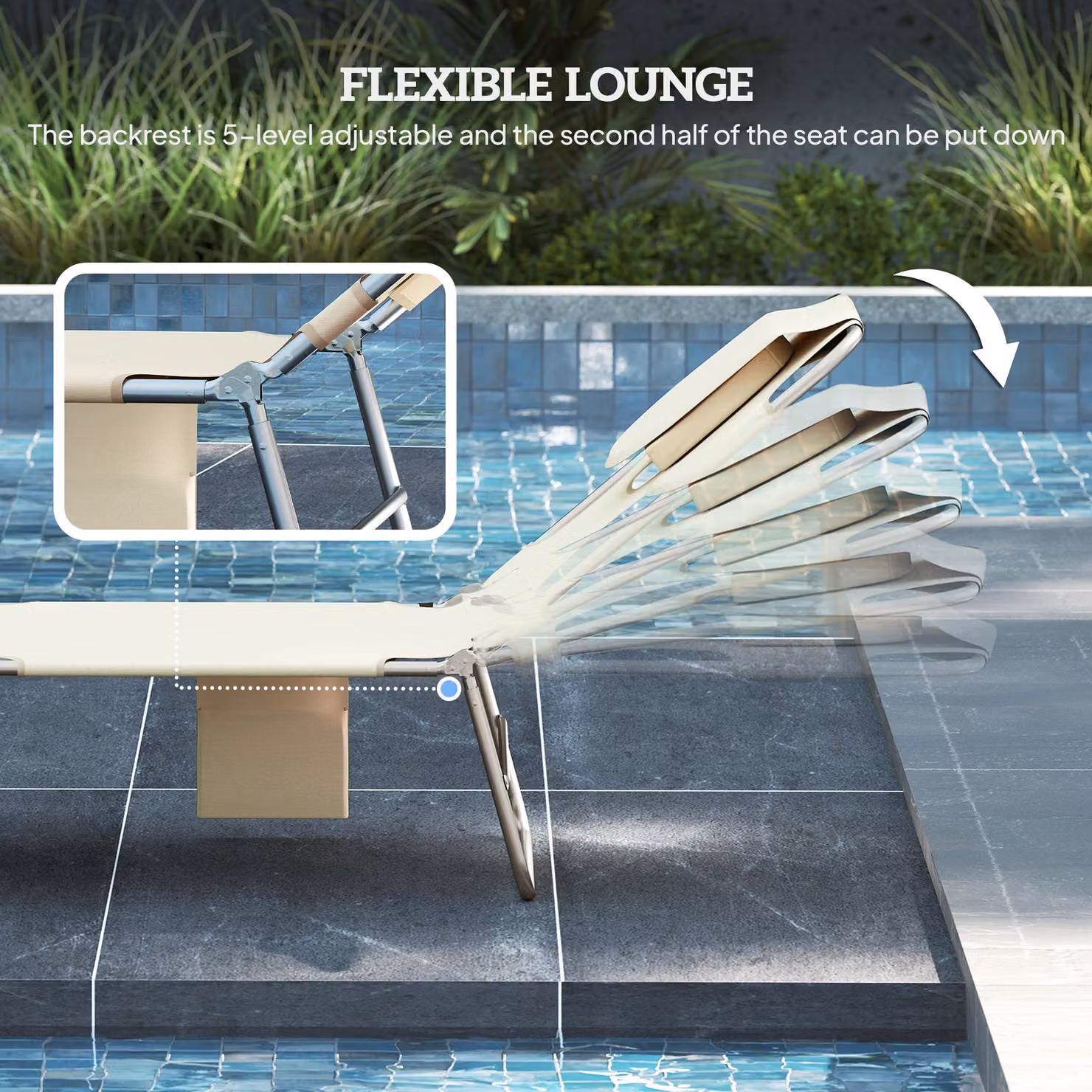 Outsunny Set of 2 Adjustable 5-Position Sun Loungers in Beige with Side Pocket and Reading Hole – 3