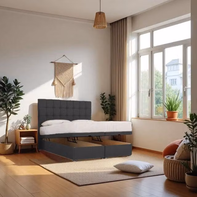 Knight Sleep Cubed End Opening Ottoman Bed with Hybrid Mattress and 24 inch Headboard in Charcoal Grey, Super King, W/D/H: 200 x 200 cm