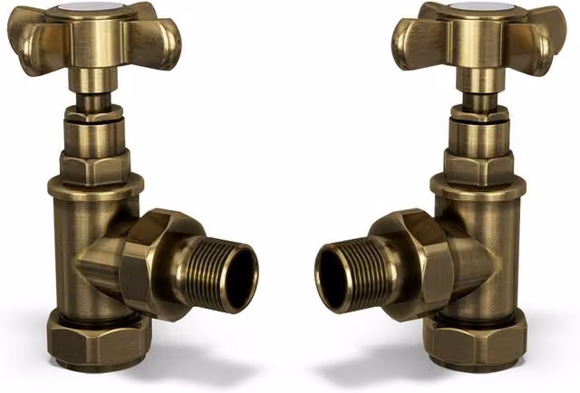 UK Radiators Signature Traditional Angled Manual Radiator Valve Pair in Polished Antique Brass with 8mm Reducers