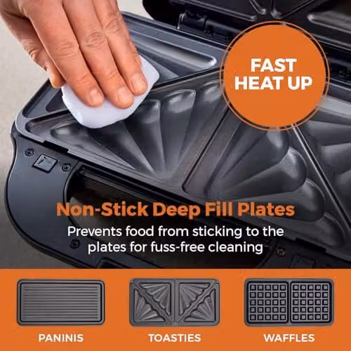 Tower 3-in-1 Snack Maker with Removable Ceramic Non-Stick Plates and Auto Shut-Off, 900W, Silver and Black – 9