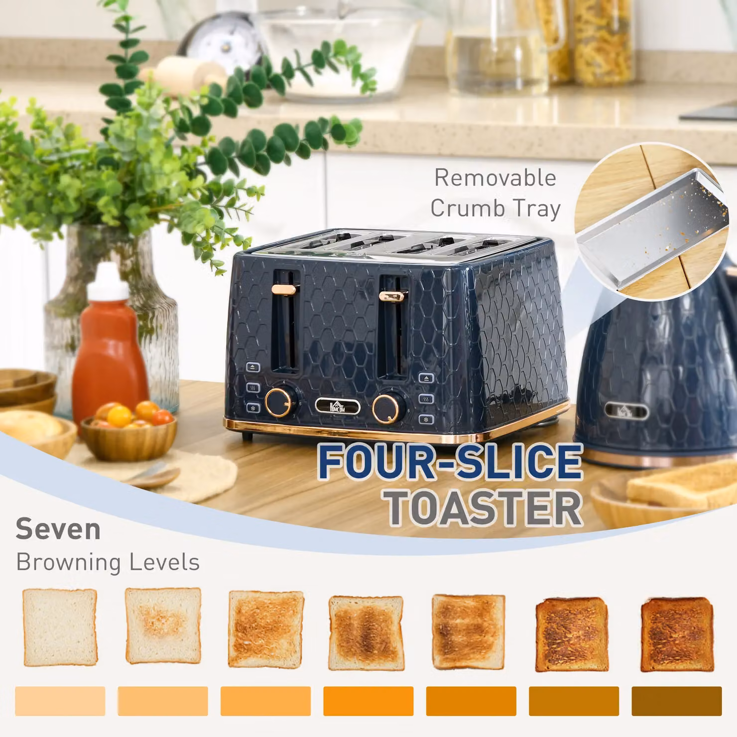 HOMCOM Blue Kettle and Toaster Set with 1.7L Capacity and Defrost Reheat Functions – 3