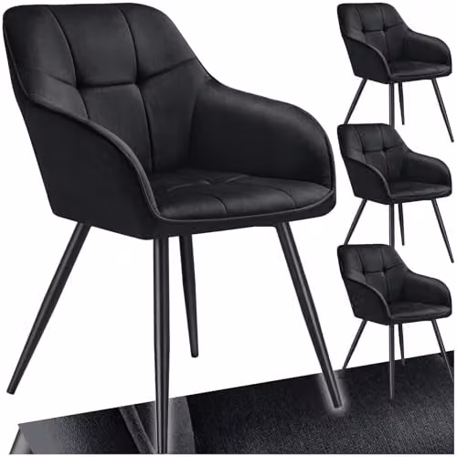 tectake Set of 4 Marilyn Dining Chairs with Velvet Fabric and Geometric Pattern in Black