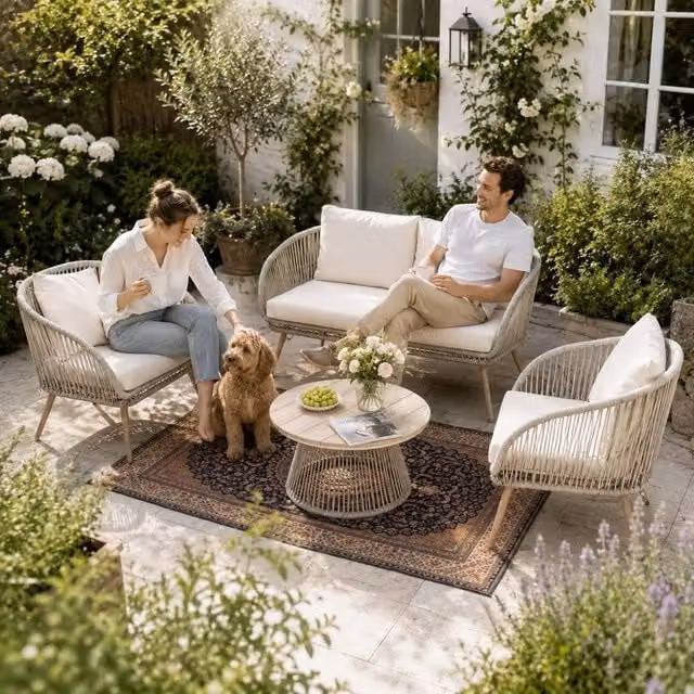 Direct Wicker 4 Person Outdoor Conversation Sofa Set with Coffee Table in Grey and Beige