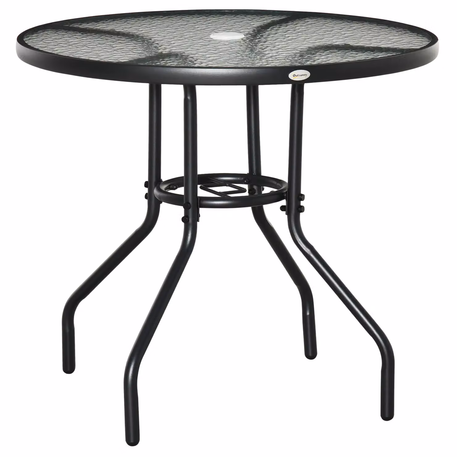 OUTSUNNY Round Outdoor Dining Table with Tempered Glass Top and Parasol Hole, Black, Diameter: 80 cm – 2