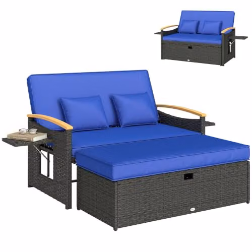 Outsunny Double Garden Rattan Daybed with Storage Ottoman and Side Tray, Brown and Blue