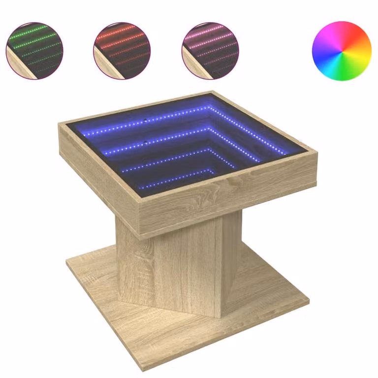 Berkfield Home Decorative LED Coffee Table in Sonoma Oak and Glass, Light Brown, W/D/H: 50 x 50 x 45 cm
