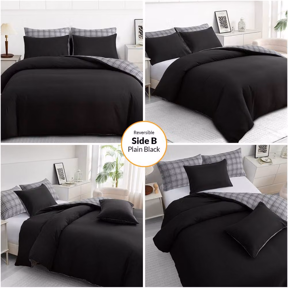 Pamposh Grey Checked Microfibre Reversible Duvet Cover Set, W: 200 cm x H: 200 cm – 6