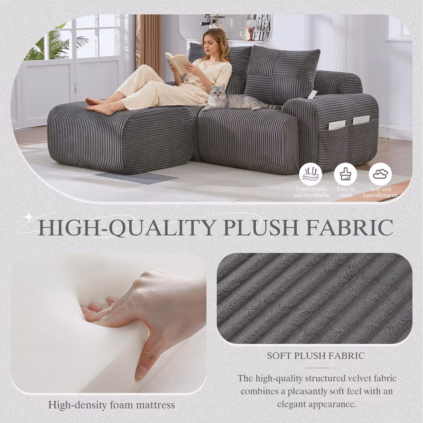 Aosom UK Modular 2-Seater L-Shape Sofa in Dark Grey Corduroy with Foam-Filled Plush Seats and Built-In Cup Holder, W: 174 cm, D: 200 cm, H: 80 cm – 3
