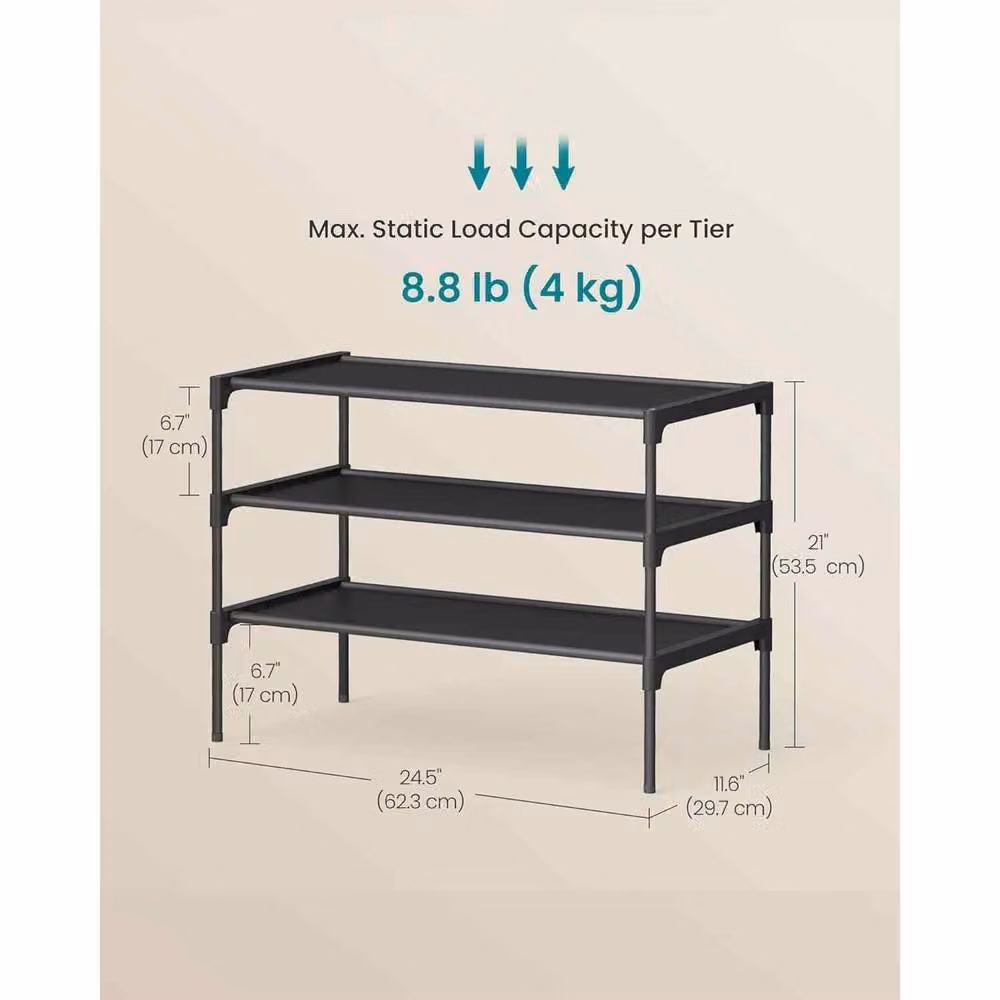 The Bazaarist 3 Tier Shoe Rack with Metal Frame and Fabric Shelves in Jet Black – 3