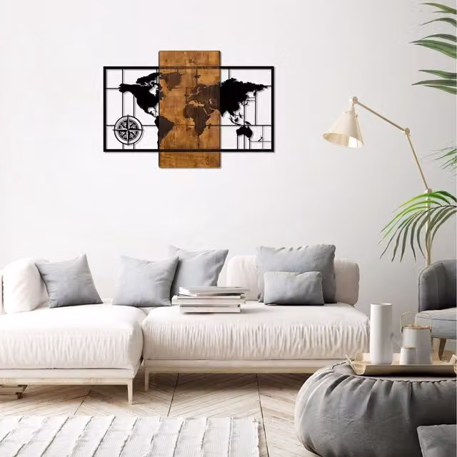 Decortie Modern Nautical World Map With Compass Metal Wall Art in Black