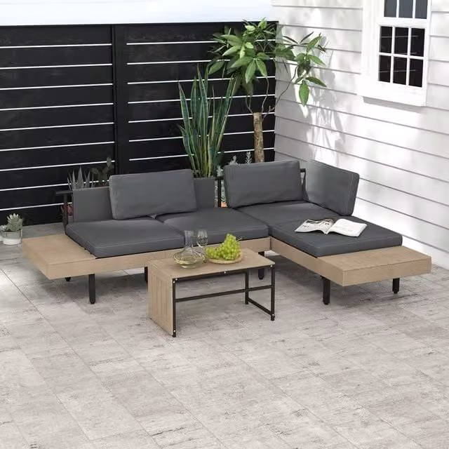 OUTSUNNY 3-Piece L-Shape Garden Sofa Set with HDPE Table and Grey Cushions