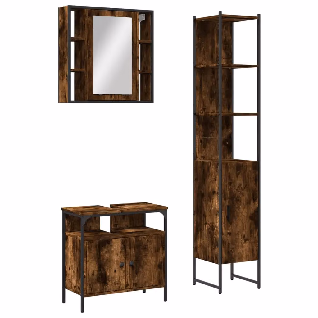 Berkfield Home 3 Piece Brown Smoked Oak Bathroom Cabinet Set with Mirror Cabinet – 2