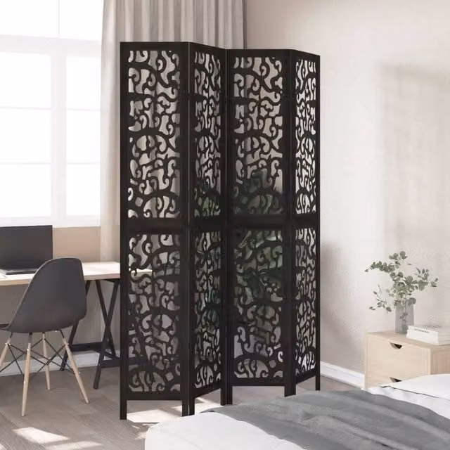 Berkfield Home 4-Panel Room Divider in Black Solid Paulownia Wood, H 220 cm x W 140 cm