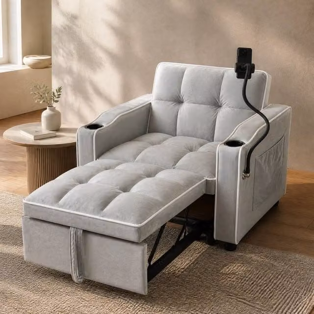 STILVORA Grey Velvet Single Sofa Bed with Armrests and Drink Holders